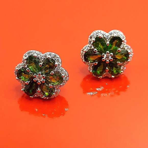 Natural Chrome Diopside & CZ 925‎ Sterling Silver Earrings - Picture 7 of 8